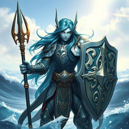 A stunning sea elf rune knight with bluish skin and vibrant green-blue hair, standing proudly with a trident in one hand and a beautifully crafted shield in the other