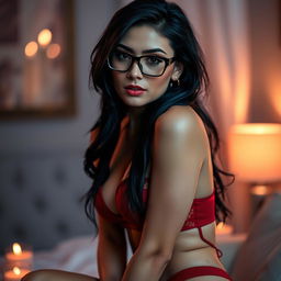 A very sexy woman with black hair and glasses, wearing red lingerie and exuding an aura of desire and confidence, positioned in a sultry pose, reflecting a sense of yearning and attraction