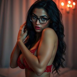 A very sexy woman with black hair and glasses, wearing red lingerie and exuding an aura of desire and confidence, positioned in a sultry pose, reflecting a sense of yearning and attraction