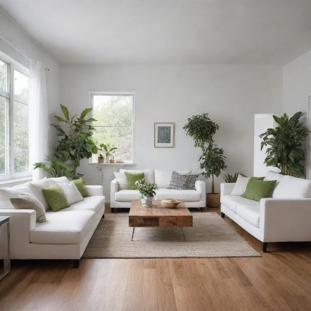 A neat and tidy house with fresh white walls and gleaming hardwood floors. All furniture is arranged harmoniously, and there are green potted plants placed at strategic positions for a refreshing look.