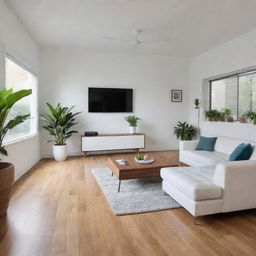 A neat and tidy house with fresh white walls and gleaming hardwood floors. All furniture is arranged harmoniously, and there are green potted plants placed at strategic positions for a refreshing look.