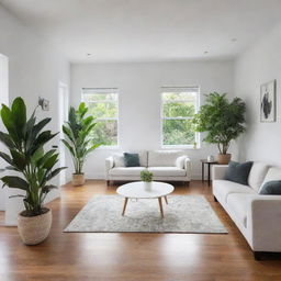 A neat and tidy house with fresh white walls and gleaming hardwood floors. All furniture is arranged harmoniously, and there are green potted plants placed at strategic positions for a refreshing look.