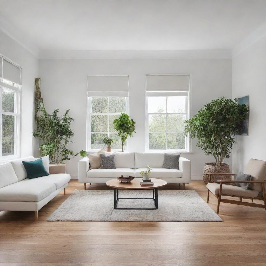 A neat and tidy house with fresh white walls and gleaming hardwood floors. All furniture is arranged harmoniously, and there are green potted plants placed at strategic positions for a refreshing look.