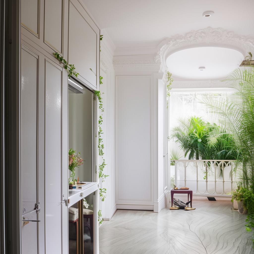 An elegant bedroom having a balcony with a gate adorned with vibrant living plants, a white designer wall, a sliding wardrobe, and a shoe case. It also includes a large royal makeup table with a mirror and a white bed.