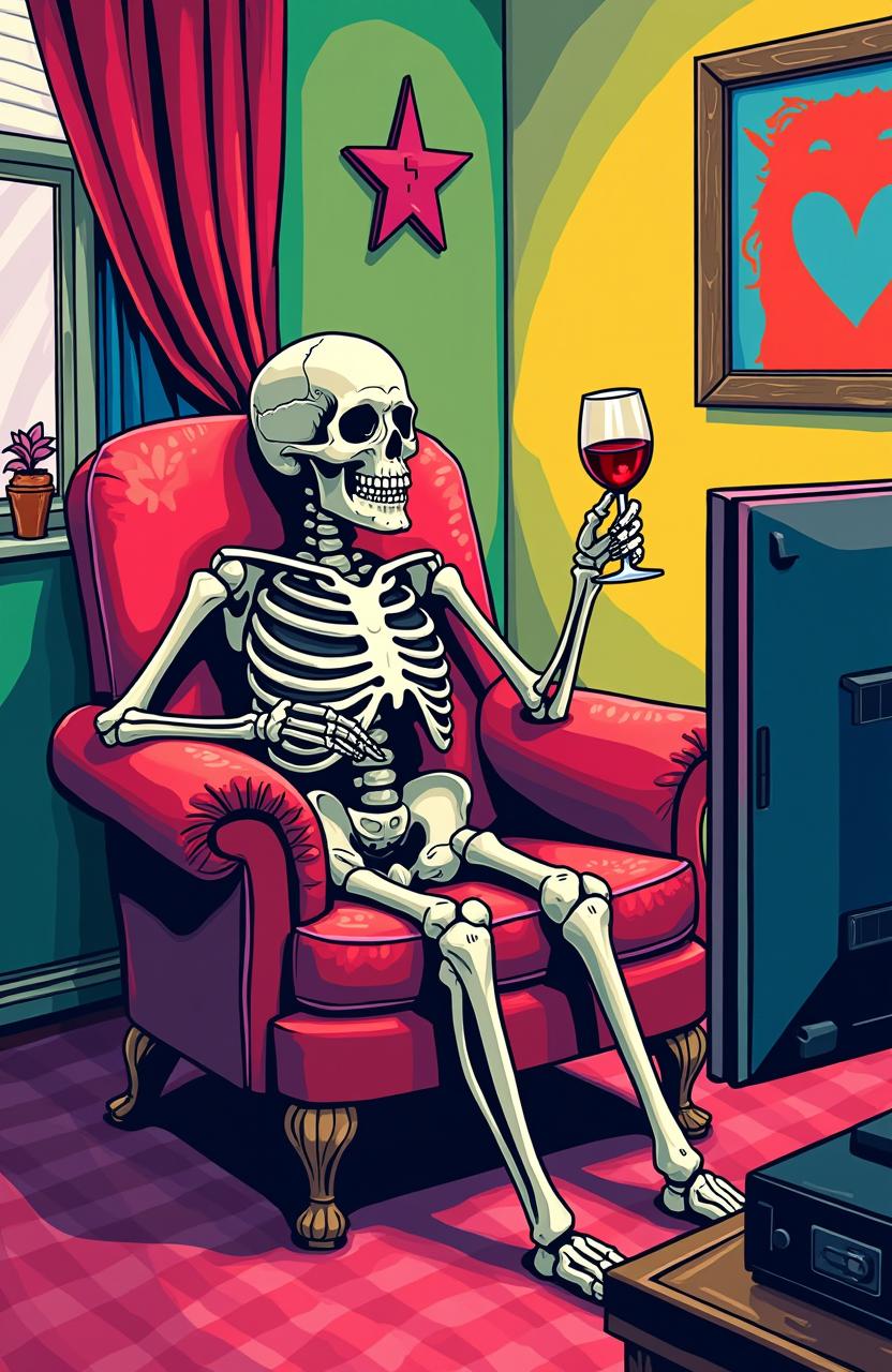 A vibrant pop art style illustration featuring a skeleton relaxing comfortably while sipping red wine