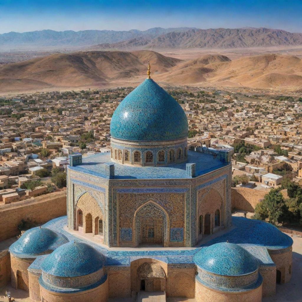 An iconic landscape of Iran featuring its traditional architecture, desert landscapes, and stunning tile work. Imagine a bustling bazaar, historic domes, minarets, and the significant Persian symbolic elements.