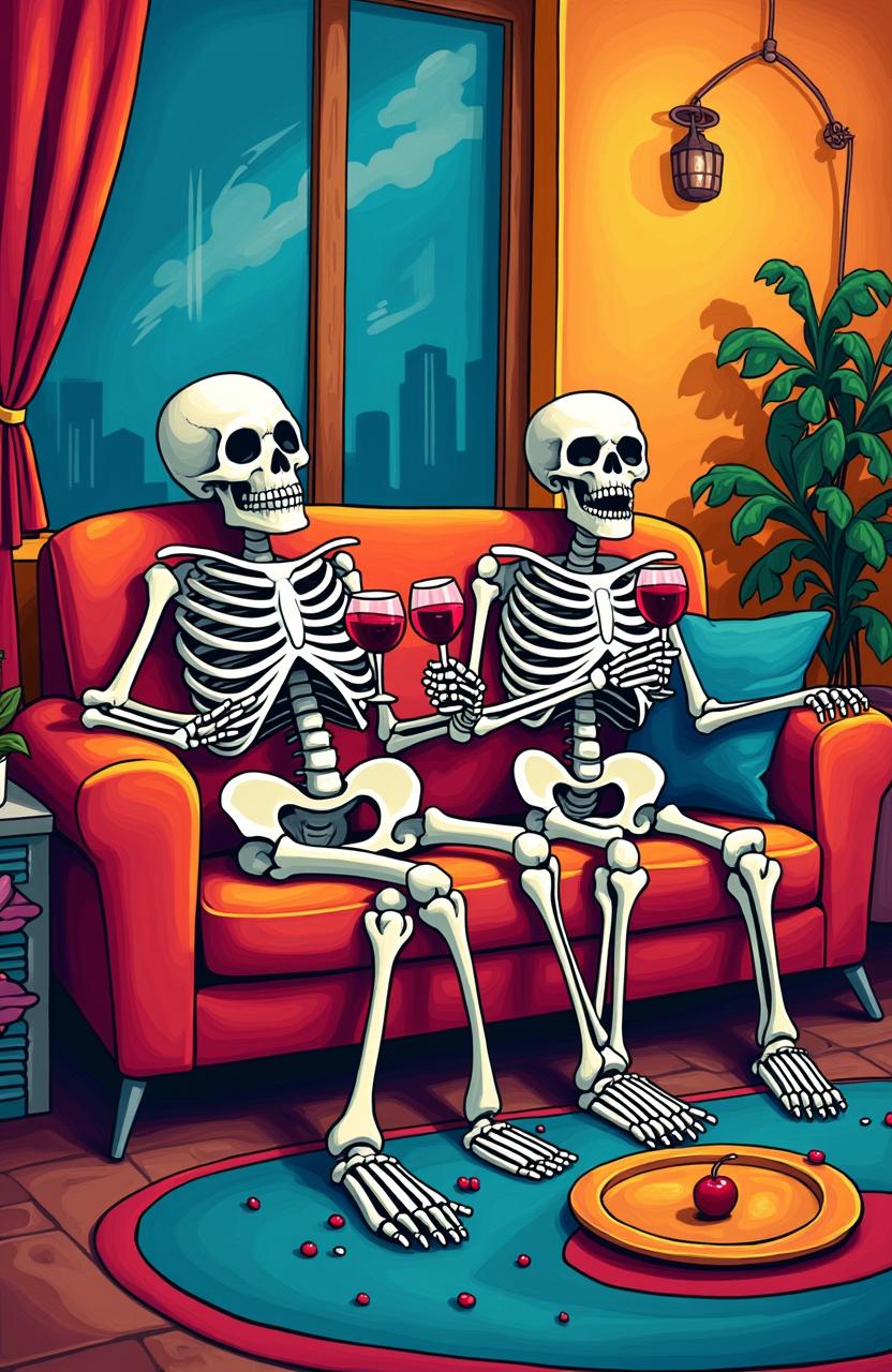 A vibrant pop art style illustration of a skeleton couple relaxing in a colorful modern apartment