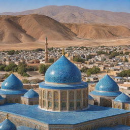 An iconic landscape of Iran featuring its traditional architecture, desert landscapes, and stunning tile work. Imagine a bustling bazaar, historic domes, minarets, and the significant Persian symbolic elements.