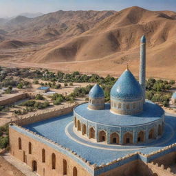 An iconic landscape of Iran featuring its traditional architecture, desert landscapes, and stunning tile work. Imagine a bustling bazaar, historic domes, minarets, and the significant Persian symbolic elements.