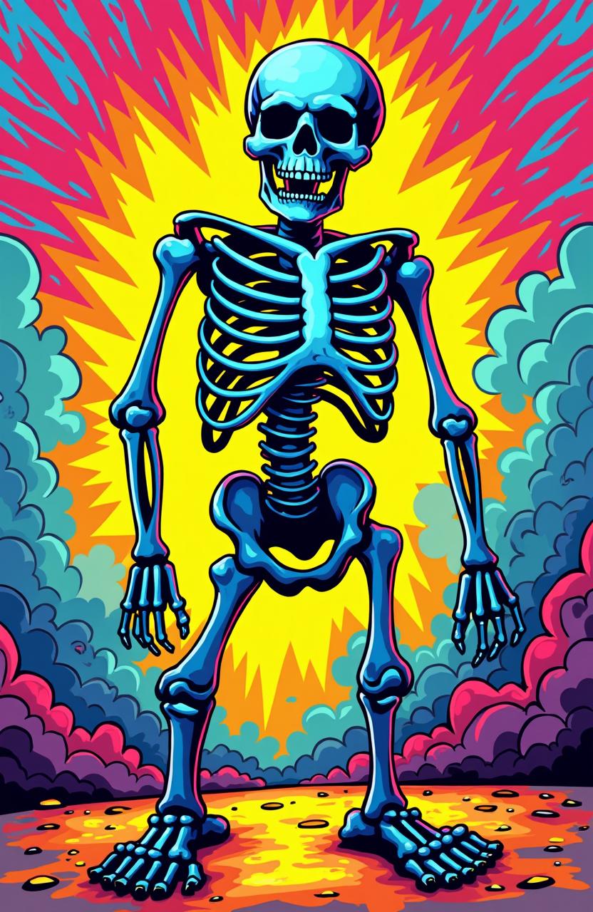 A vibrant pop art style poster featuring a full body shot of a stylized skeleton