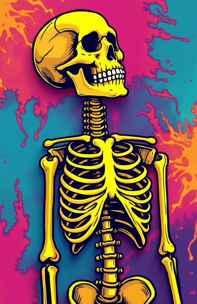 A vibrant pop art style poster featuring a stylized skeleton in vivid colors