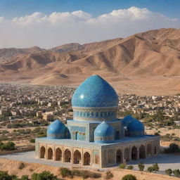 An iconic landscape of Iran featuring its traditional architecture, desert landscapes, and stunning tile work. Imagine a bustling bazaar, historic domes, minarets, and the significant Persian symbolic elements.