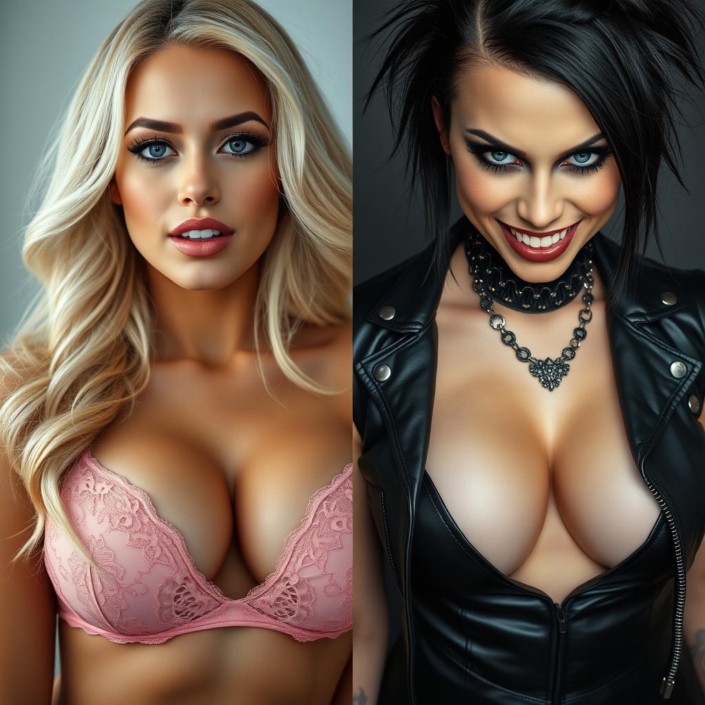 A striking split screen image showcasing two gorgeous females