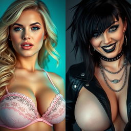 A striking split screen image showcasing two gorgeous females