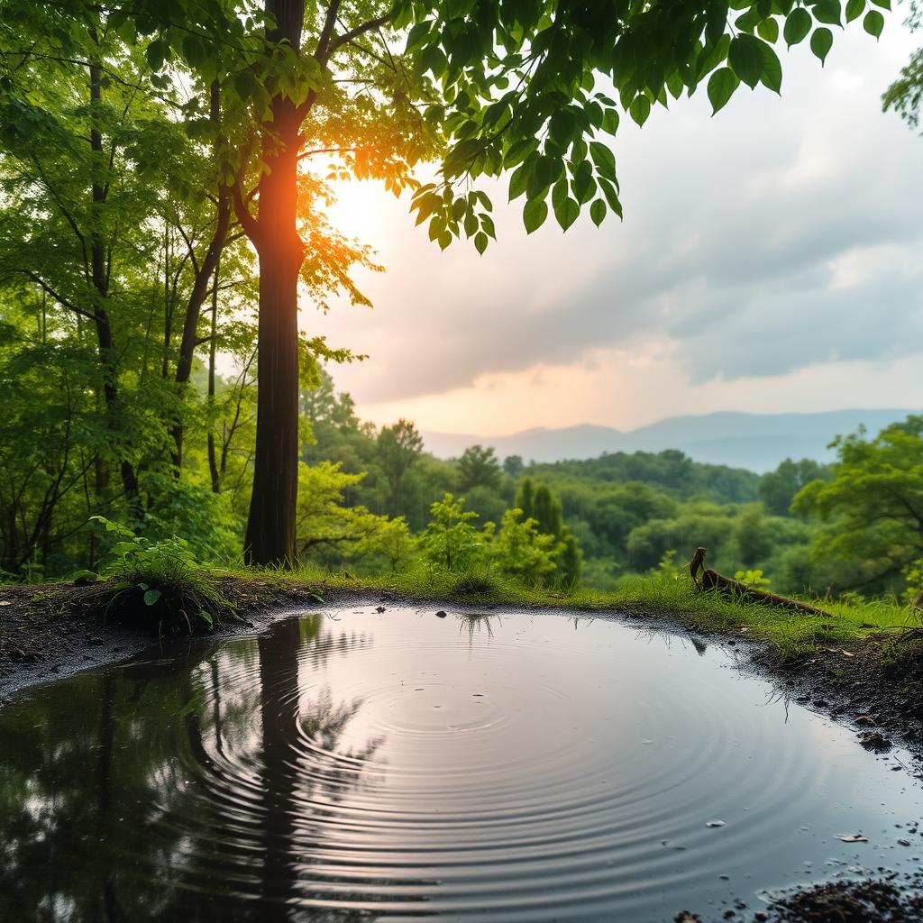 A serene forest scene during a gentle rain, with lush green trees and vibrant foliage