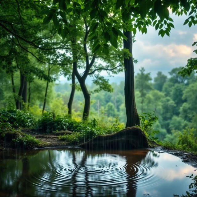 A serene forest scene during a gentle rain, with lush green trees and vibrant foliage