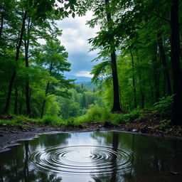 A serene forest scene during a gentle rain, with lush green trees and vibrant foliage