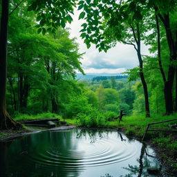 A serene forest scene during a gentle rain, with lush green trees and vibrant foliage