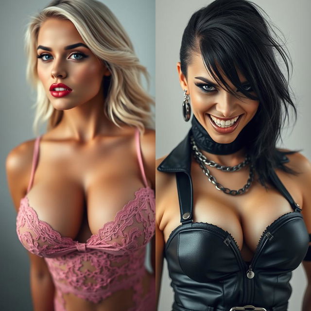 A split-screen portrait featuring two stunning women