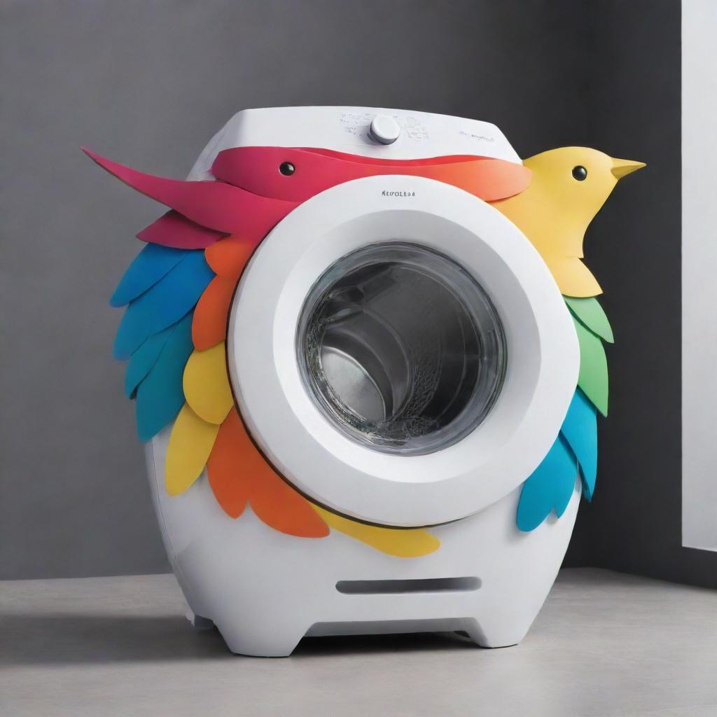 A washing machine designed in the form of a bird - elegant, colorful and mechanical.