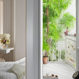 An elegant bedroom having a balcony with a gate adorned with vibrant living plants, a white designer wall, a sliding wardrobe, and a shoe case. It also includes a large royal makeup table with a mirror and a white bed.