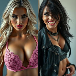 A split-screen portrait featuring two stunning women