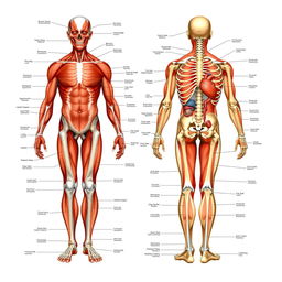 A detailed anatomical illustration of the human body featuring various structures including muscles, bones, organs, and systems