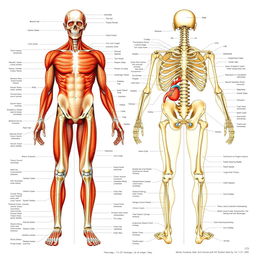 A detailed anatomical illustration of the human body featuring various structures including muscles, bones, organs, and systems