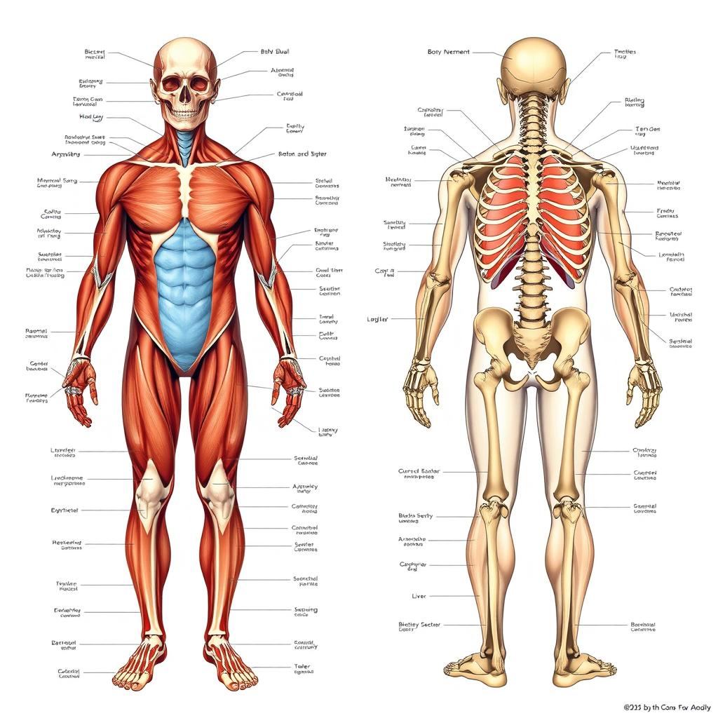 A detailed anatomical illustration of the human body featuring various structures including muscles, bones, organs, and systems