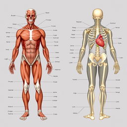 A detailed anatomical illustration of the human body featuring various structures including muscles, bones, organs, and systems