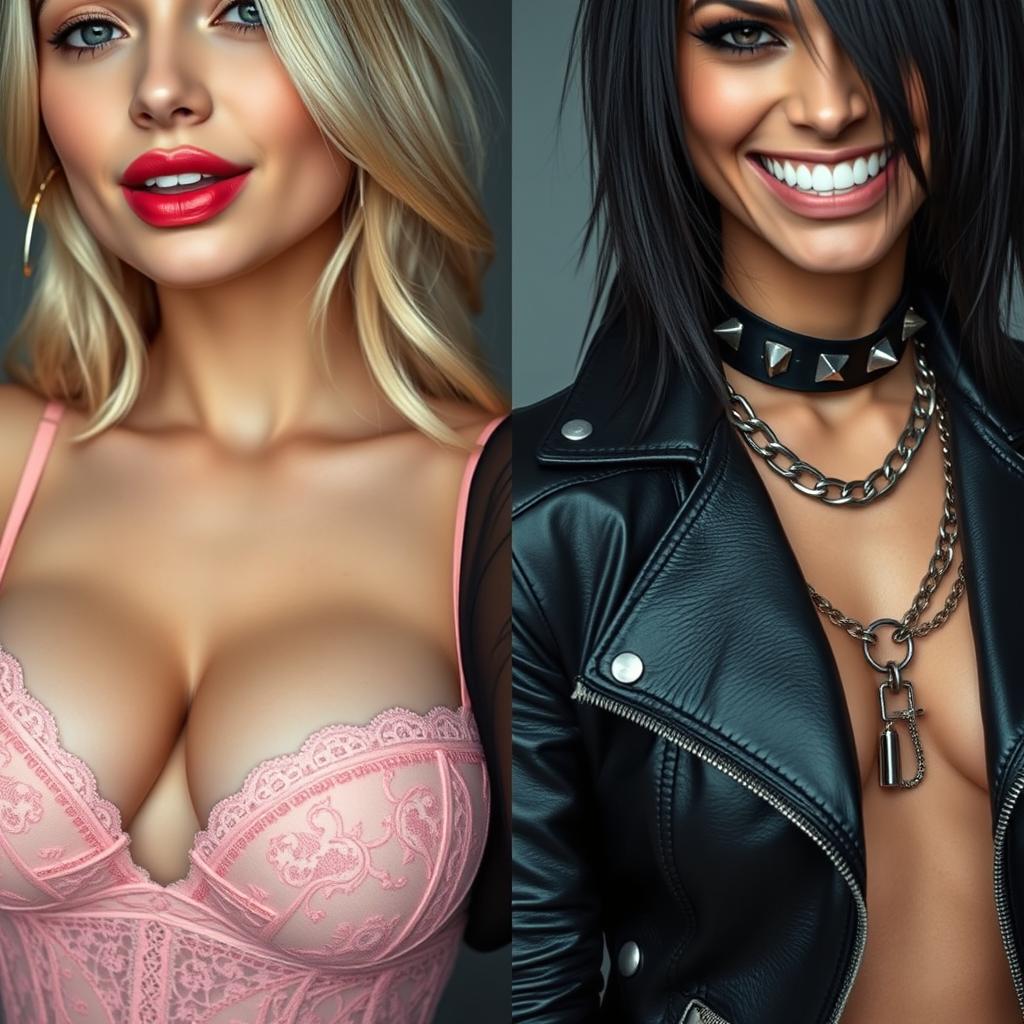 A close-up shot of a torso featuring a split face: on the left, a gorgeous female with stunning blonde hair, wearing delicate pink lace lingerie, showcasing a large chest and playfully biting her lower lip; on the right, a striking female with bold black hair, clad in edgy black leather adorned with punk chains and a spiked collar, presenting a fierce mean smile and also possessing a large chest