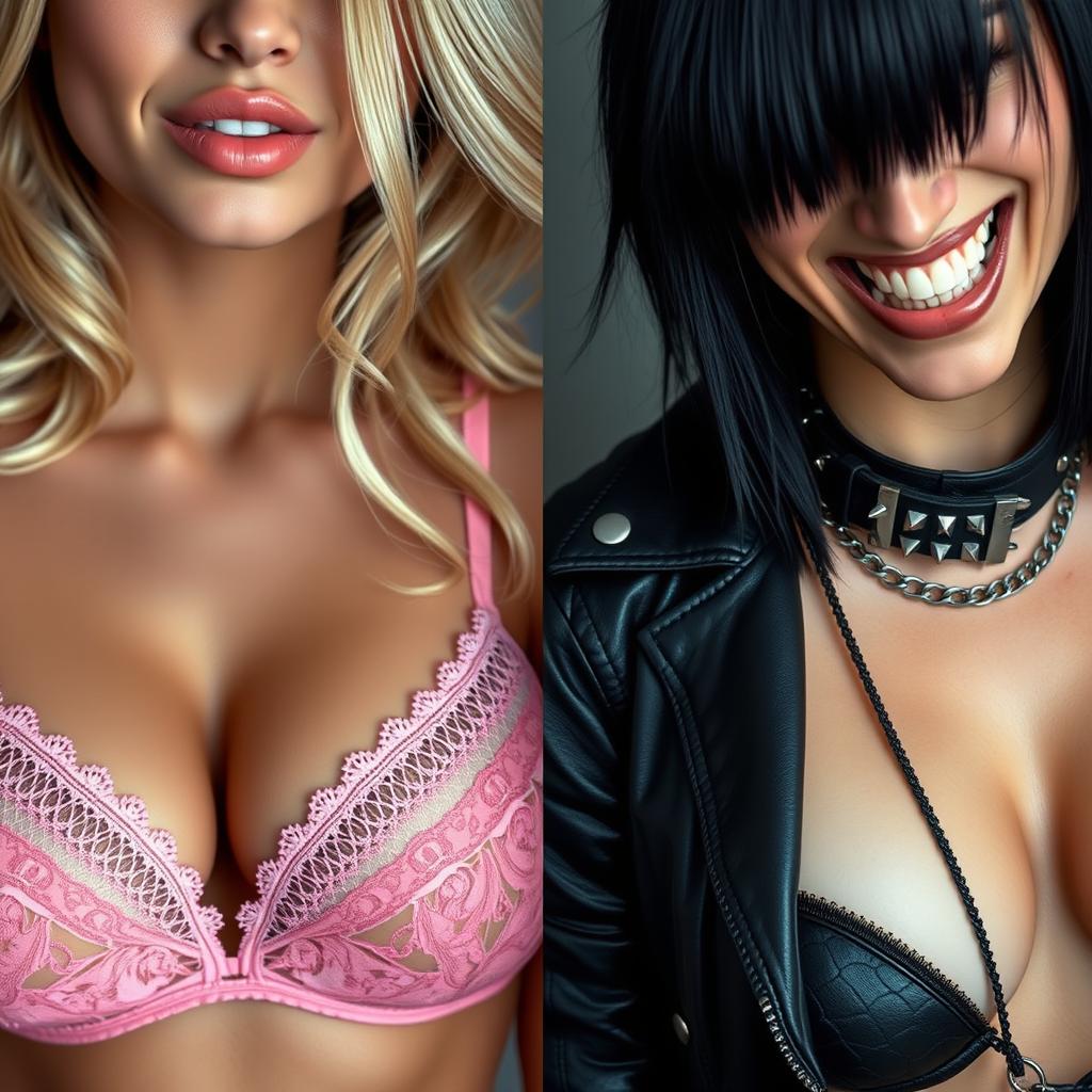 A close-up shot of a torso featuring a split face: on the left, a gorgeous female with stunning blonde hair, wearing delicate pink lace lingerie, showcasing a large chest and playfully biting her lower lip; on the right, a striking female with bold black hair, clad in edgy black leather adorned with punk chains and a spiked collar, presenting a fierce mean smile and also possessing a large chest