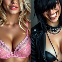 A close-up shot of a torso featuring a split face: on the left, a gorgeous female with stunning blonde hair, wearing delicate pink lace lingerie, showcasing a large chest and playfully biting her lower lip; on the right, a striking female with bold black hair, clad in edgy black leather adorned with punk chains and a spiked collar, presenting a fierce mean smile and also possessing a large chest