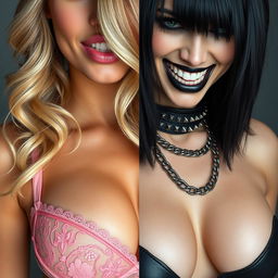 A close-up shot of a torso featuring a split face: on the left, a gorgeous female with stunning blonde hair, wearing delicate pink lace lingerie, showcasing a large chest and playfully biting her lower lip; on the right, a striking female with bold black hair, clad in edgy black leather adorned with punk chains and a spiked collar, presenting a fierce mean smile and also possessing a large chest