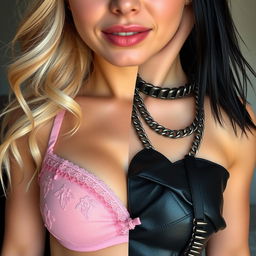 A close-up shot of a torso featuring a split face: on the left, a gorgeous female with stunning blonde hair, wearing delicate pink lace lingerie, showcasing a large chest and playfully biting her lower lip; on the right, a striking female with bold black hair, clad in edgy black leather adorned with punk chains and a spiked collar, presenting a fierce mean smile and also possessing a large chest