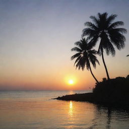 A serene sunset over a tranquil ocean with silhouettes of palm trees in the foreground.