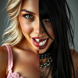 A striking close-up shot of a gorgeous female face split into two halves, featuring the left side as a beautiful blonde woman wearing delicate pink lace lingerie, playfully biting her lower lip, and showcasing a large chest