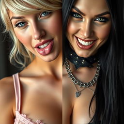 A striking close-up shot of a gorgeous female face split into two halves, featuring the left side as a beautiful blonde woman wearing delicate pink lace lingerie, playfully biting her lower lip, and showcasing a large chest