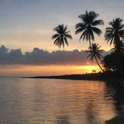 A serene sunset over a tranquil ocean with silhouettes of palm trees in the foreground.