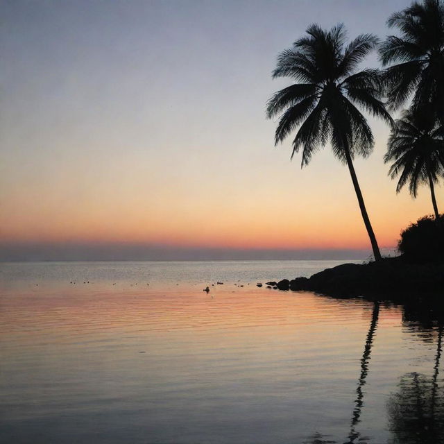 A serene sunset over a tranquil ocean with silhouettes of palm trees in the foreground.