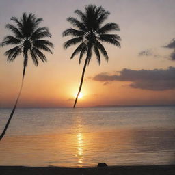 A serene sunset over a tranquil ocean with silhouettes of palm trees in the foreground.