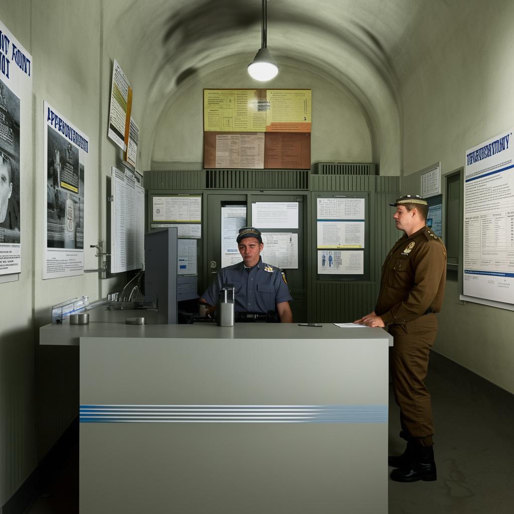 The information office of a penitentiary, featuring a secure counter, informative posters, and manned by officers in uniform, set against the austere backdrop of the prison interior.