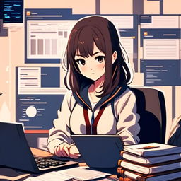 Anime-style profile picture of a focused young woman studying software engineering at her desk, surrounded by textbooks, notes, and a laptop displaying code.