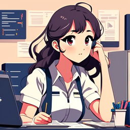 Anime-style profile picture of a focused young woman studying software engineering at her desk, surrounded by textbooks, notes, and a laptop displaying code.