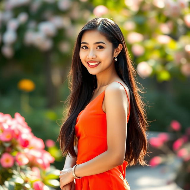 A young Asian woman in a form-fitting, stylish dress that beautifully showcases her curves, standing confidently with a playful smile