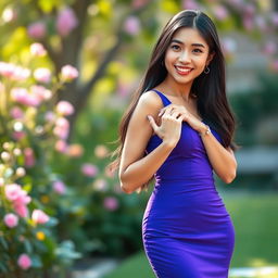 A young Asian woman in a form-fitting, stylish dress that beautifully showcases her curves, standing confidently with a playful smile