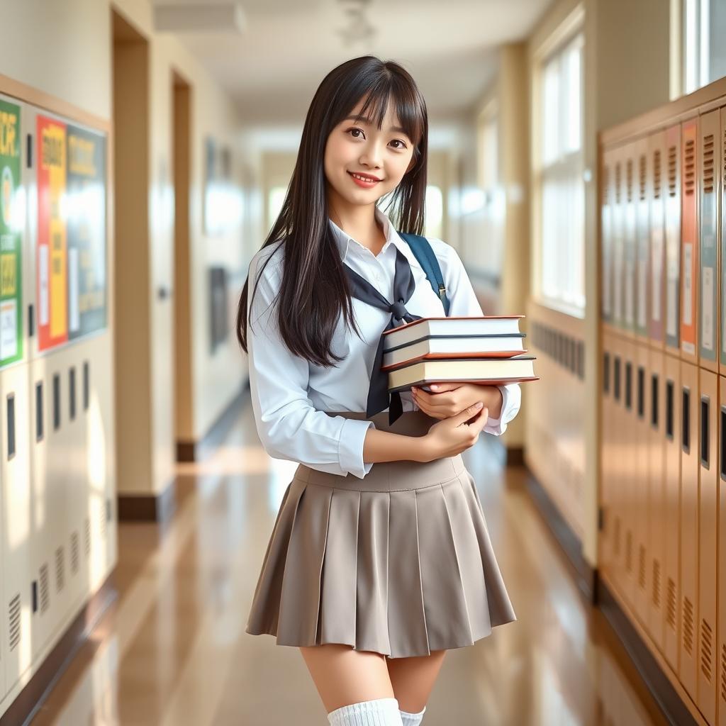 An Asian woman dressed in a stylish schoolgirl outfit, featuring a crisp white shirt and a pleated skirt, complete with knee-high socks and fashionable shoes