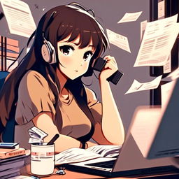 Anime-style profile picture of a focused young woman studying software engineering at her desk, surrounded by textbooks, notes, and a laptop displaying code.