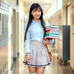 An Asian woman dressed in a stylish schoolgirl outfit, featuring a crisp white shirt and a pleated skirt, complete with knee-high socks and fashionable shoes