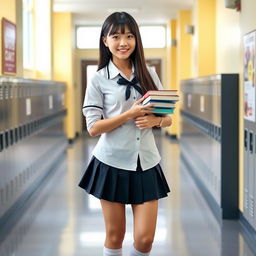 An Asian woman dressed in a stylish schoolgirl outfit, featuring a crisp white shirt and a pleated skirt, complete with knee-high socks and fashionable shoes